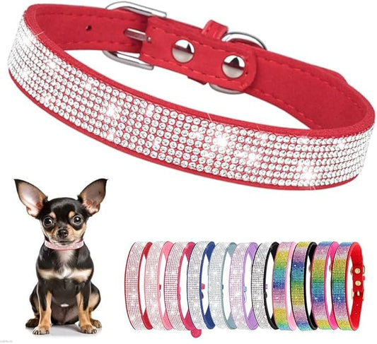 Serijoars Small Dog Collar with Rhinestone Crystal Diamond Colorful Bling Girl Puppy Cat Collars (XS, Red)