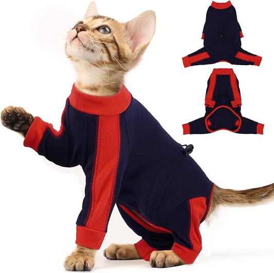 Cat Pajamas for Cats Only, Sticky Hair Cat Clothes, Long Sleeve Sphynx Clothes, Anti-Licking or Skin Disease Recovery Suit for Female Cats, Kitten Onesie Pajamas, DarkBlue, XS