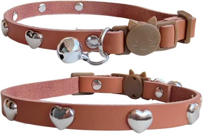 Spiked Cat Collar with Bells, Breakaway Genuine Leather Protective Collar for Kitty, Studs Spikes Punk Style, Heart Pattern, Adjustable for Girl Boy Kittens Small Bunny Rabbit, 8"-9.5" Brown