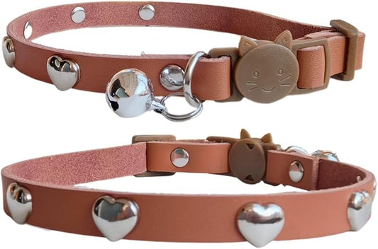 Spiked Cat Collar with Bells, Breakaway Genuine Leather Protective Collar for Kitty, Studs Spikes Punk Style, Heart Pattern, Adjustable for Girl Boy Kittens Small Bunny Rabbit, 10"-12" Brown