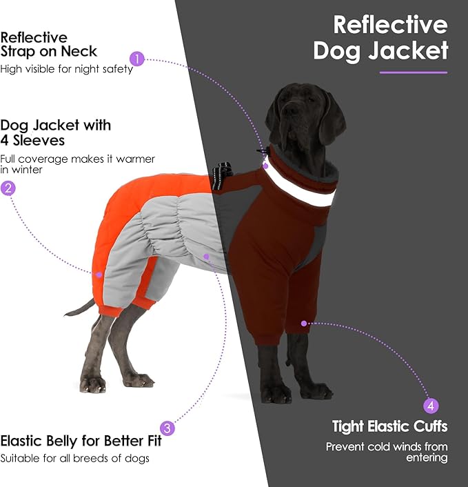 SUNFURA Full Body Dog Coat - Warm Fleece Jacket for Small Dogs, Turtleneck Winter Coats with Harness, Reflective Dog Snowsuit Windproof Puffer Jackets with Legs for Chihuahua, Yorkie, Orange XS