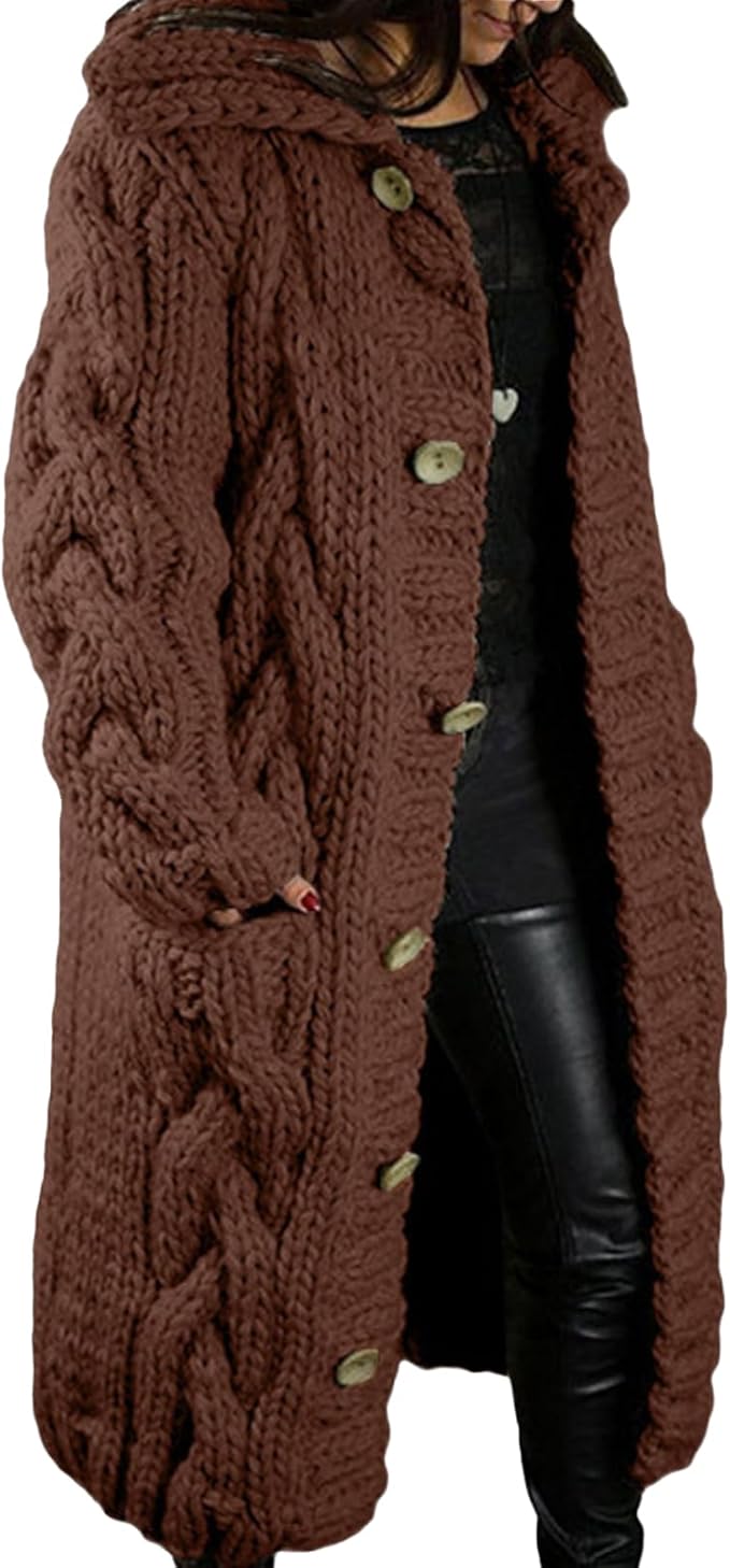 LOAIHA Women Chunky Cable Knit Long Sleeve Cardigan Fall Winter Trendy Oversized Button Down Sweaters Outerwear with Pocket