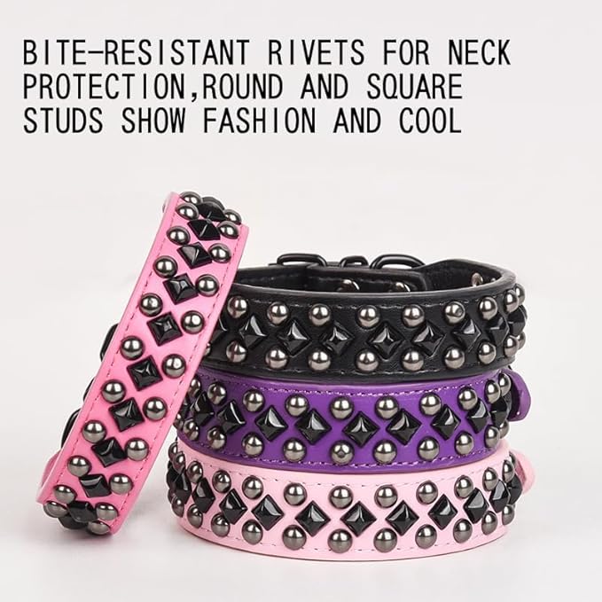Serijoars Spiked Studded PU Leather Dog Collar for Small, Medium, Large Breeds, Pit Bull, Bully, Husky, Terrier, Adjustable (Hot Pink, M (32-38CM))