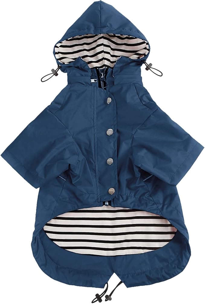 Morezi Dog Zip Up Raincoat with Reflective Buttons, Rain/Water Resistant, Adjustable Drawstring, Removable Hood, Raincoats with Legs 8lbs to 80lbs Available - Dark Blue - XL