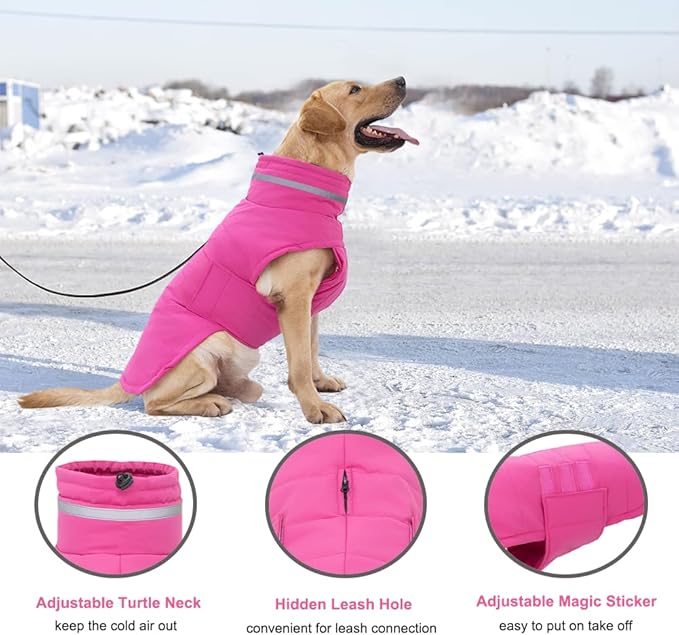 Dog Coat, Waterproof Winter Jacket, Warm Windproof Vest, Reflective Adjustable Turtleneck Coats for Medium and Large Dogs with Hook & Loop - Pink - L