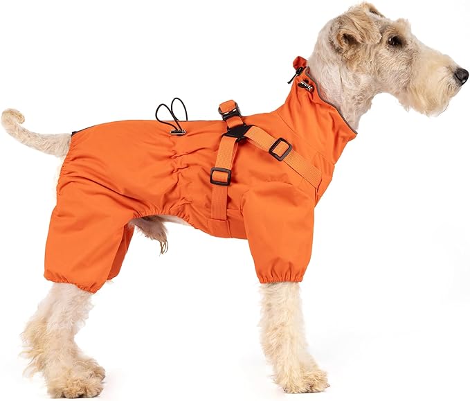Mile High Life Waterproof Dog Raincoat, Full Coverage Small Dog Rain Coat with Harness, Adjustable 4 Legs Puppy Rain Jacket with Reflective Strip and Elastic Cuffs (Orange, M Back Length 14.6")