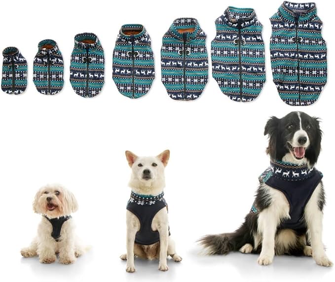Gooby Zip Up Fleece Dog Sweater - Deer Blue, Small - Warm Pullover Fleece Step-in Dog Jacket with Dual D Ring Leash for Small to Medium Dogs