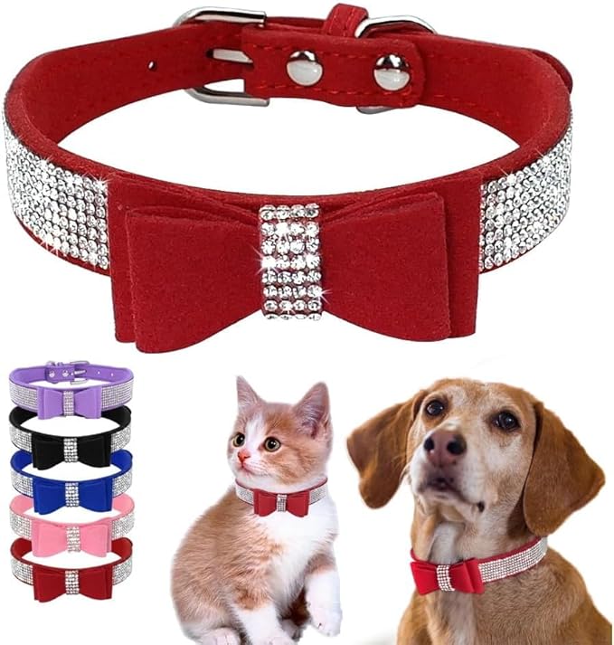 Serijoars Small Dog Collar with Rhinestone Crystal Diamond Colorful Bling Girl Puppy Cat Collars (S, Red1)