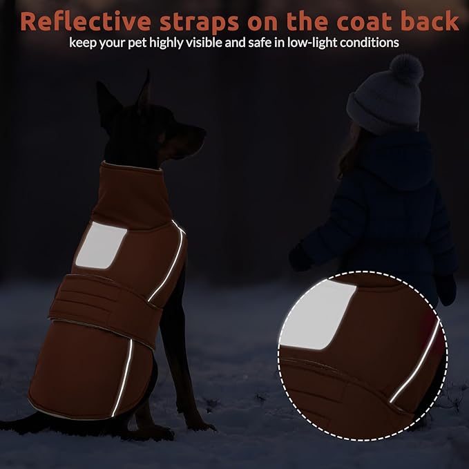 ASENKU Warm Dog Coat, Waterproof Dog Jackets for Large Dogs with Reflective Fleece Vest Turtleneck with Button, Windproof Cold Weather Coats for Small Medium Large Dogs, Red Brown, L
