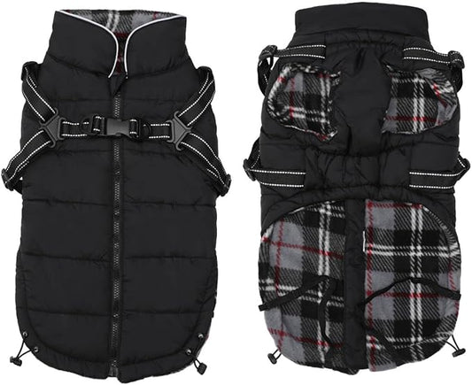 Geyecete Winter Warm Coat Geyecete Waterproof Dog Jacket with Harness Traction Belt,Pet Outdoor Jacket Dog Autumn and Winter Clothes-Black-XL
