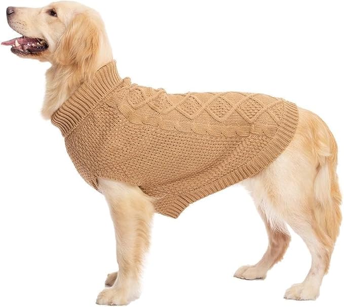 Mihachi Turtleneck Dog Sweater - Winter Coat Apparel Classic Cable Knit Clothes with Leash Hole for Cold Weather, Ideal Gift for Pet in New Year Beige 2XL