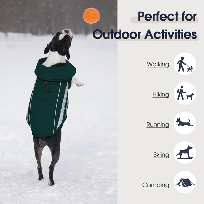 IECOii Dog Winter Coat - Waterproof & Windproof & Reflective Coats, Adjustable & Fleece Lined Snow Jacket for Pitbull Outdoor Adventures, Green, Sizes XL