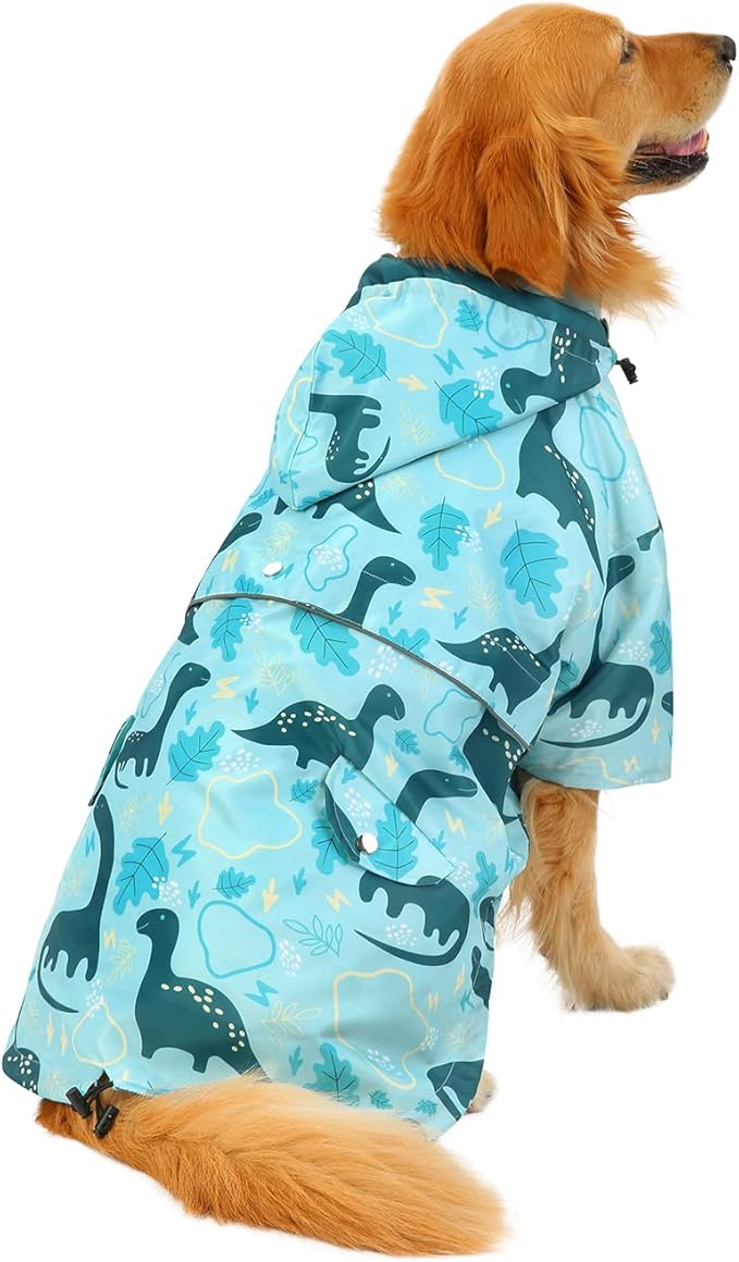 HDE Dog Raincoat Poncho Double Layer Zip Rain Jacket with Removable Hood, Leash Hole for Small to 3XL Dogs and Puppies Dinosaurs - 2XL