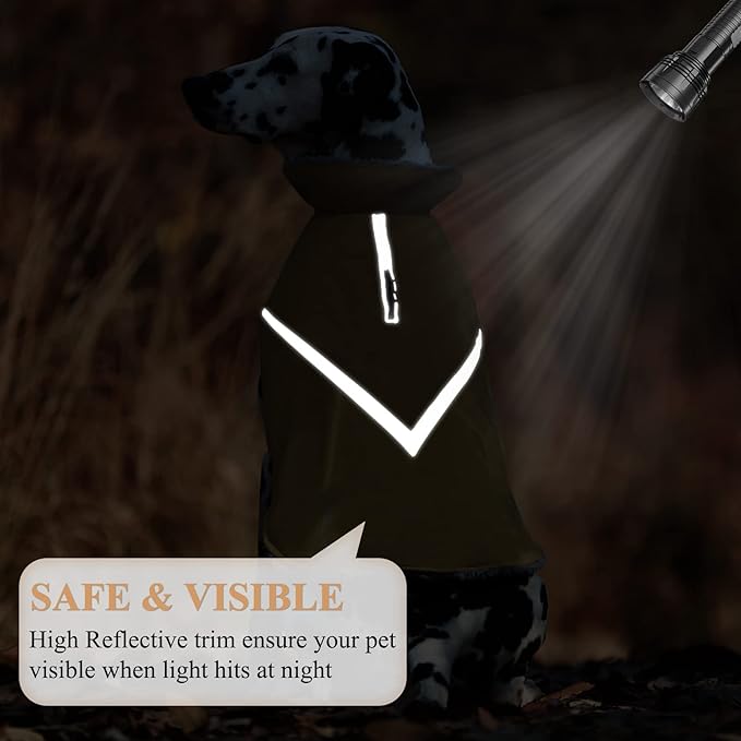 VIVAGLORY Snowrap Dog Coat, Jacket with Harness Hole & Velcro Closure, Dog Coat for Winter & Cold Weather, Fluffy Warm Fleece Lined Reflective Water Resistant for Puppy, L, Khaki