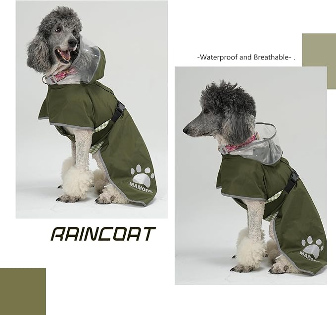 MAMORE Dog Raincoat Hooded Rain Jacket for Small Medium Large Dogs Slicker Poncho Bottom Waterproof Adjustable Reflective Breathable Leash Hole (Army Green, Large)