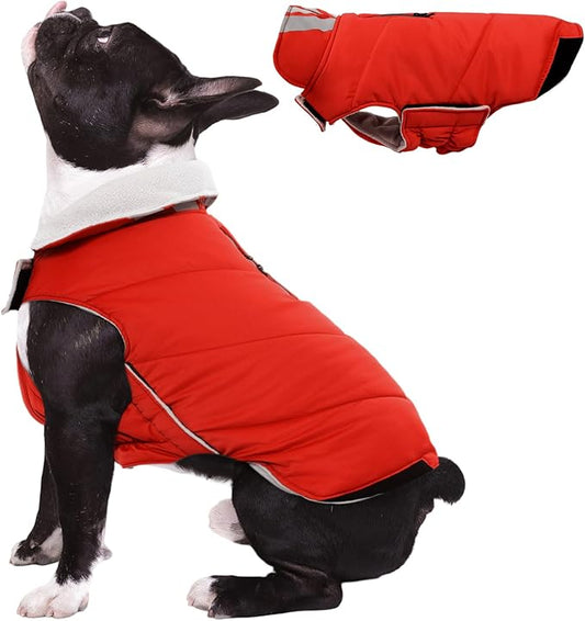Kuoser Dog Coat Small, Cold Weather Reflective Waterproof Dogs Jacket with Warm Fleece Lining, Turtleneck Dog Winter Coat with Zipper, Doggy Snow Jacket Pet Coats for Small Medium Large Dogs, Red S