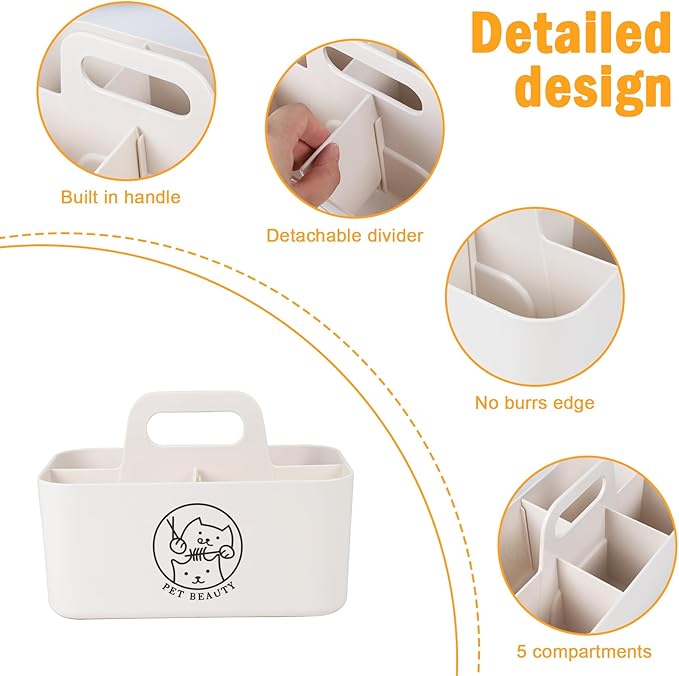 Minimalist White Dog Cat Grooming Supplies Organizer, Portable Caddy with 5 Compartments