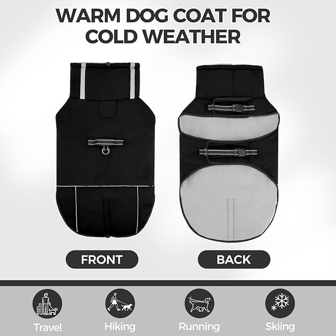 Mihachi Dog Coat for Large Dogs, Warm Dog Winter Coat Waterproof Dogs Jacket with Harness Built in Reflective Pet Fleece Vest, Puppy Cold Weather Coats Turtleneck & Windproof Pet Snowsuit, Black XXL
