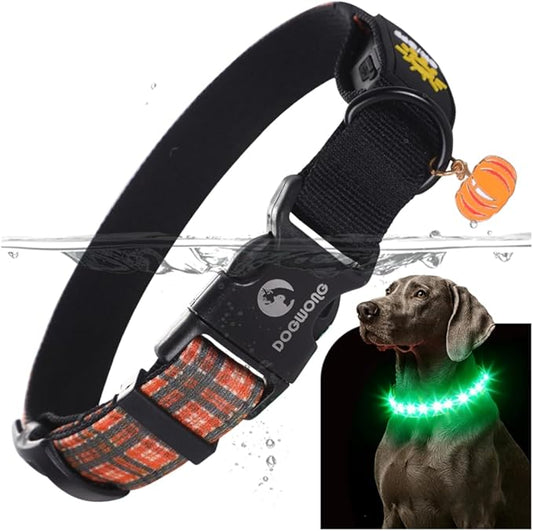 DOGWONG LED Dog Collar - Fall Orange Plaid Heavy Duty Light up Dog Collars - Rechargeable Waterproof - Lighted Dog Collars for Night Walking, Hiking, Camping(Orange Plaid,S)