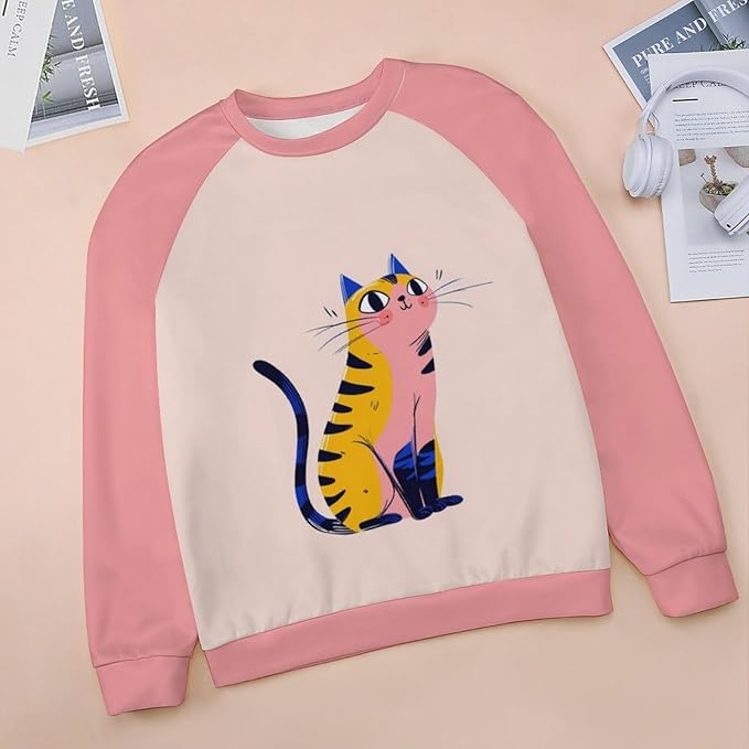 Abstract Cute Cat Shirts for Women Long Sleeve Lady Crewneck Pullover Sweatshirt Fall Winter Oversized Tops