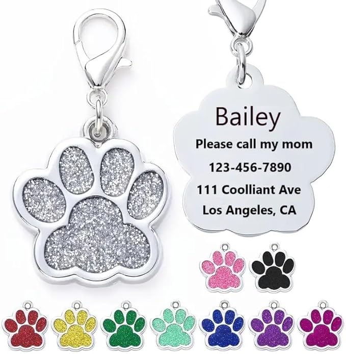 Cute Personalized Pet Name Tags for Cats/Dogs - Glitter Custom pet id tag, Dog id Tags Engraved for Pets, cat tag, pet Collar Charms, Dog Name tag (Paw-Shaped-Small: Silver)