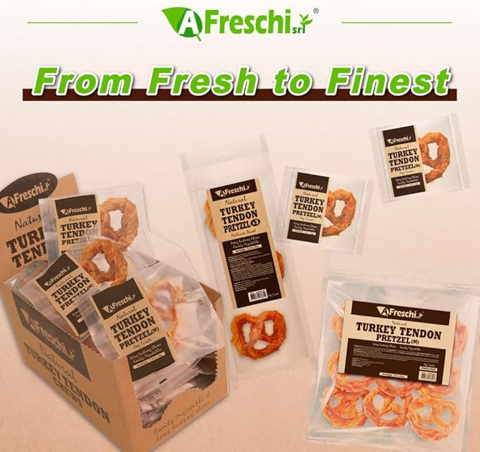AFreschi Turkey Tendons for Dogs, USA-Sourced, Healthy Dog Treats, Rawhide-Free Puppy Chews, Long Lasting, All Natural, Hypoallergenic Dog Treats for Medium Breeds, 3 Count Pack Pretze (M)