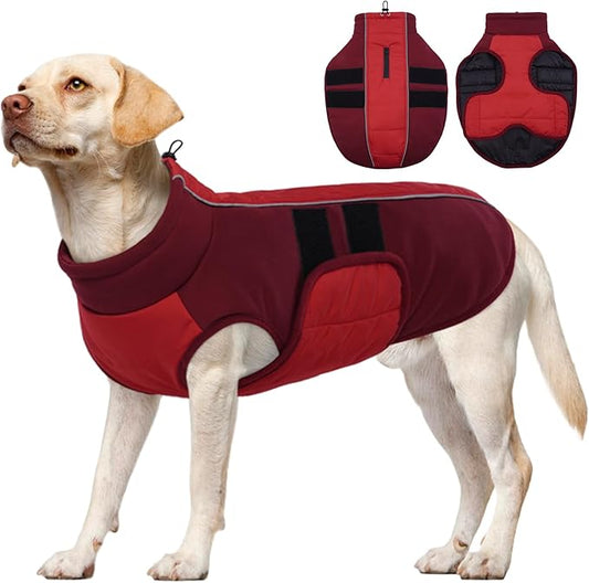 Kuoser Dog Jacket, Dog Coats for Large Dogs Winter Waterproof, Reflective Doggie Vest with Leash Hole, Cold Weather Coats Pet Snow Jacket for Labrador Beagle, Red XL