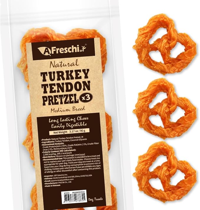 AFreschi Turkey Tendons for Dogs, USA-Sourced, Healthy Dog Treats, Rawhide-Free Puppy Chews, Long Lasting, All Natural, Hypoallergenic Dog Treats for Medium Breeds, 3 Count Pack Pretze (M)