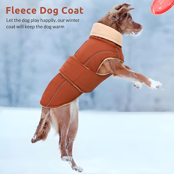 ASENKU Warm Dog Coat, Waterproof Dog Jackets for Medium Dogs with Reflective Fleece Vest Turtleneck with Button, Windproof Cold Weather Coats for Small Medium Large Dogs, Red Brown, M