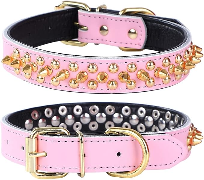 Adjustable Genuine Leather Spiked Studded Dog Collars for Small Medium Large Pets Like Pit Bull Bulldog Pugs Husky (M, Pink2)