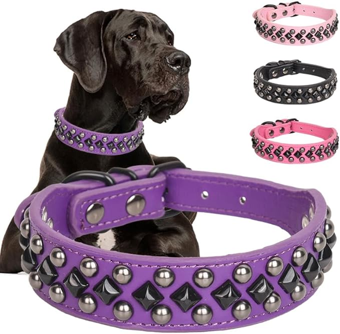 Serijoars Spiked Studded PU Leather Dog Collar for Small, Medium, Large Breeds, Pit Bull, Bully, Husky, Terrier, Adjustable (Purple, XL (45-52CM))