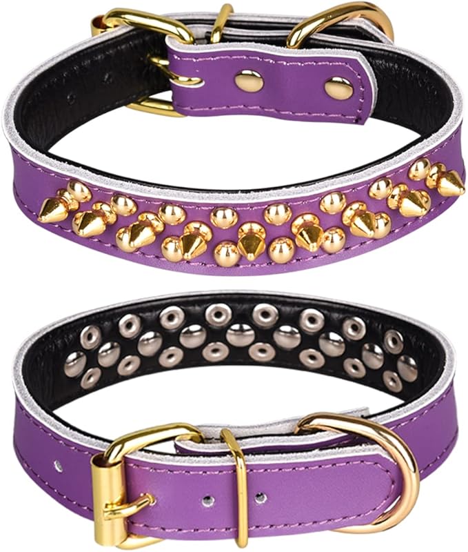 Adjustable Genuine Leather Spiked Studded Dog Collars for Small Medium Large Pets Like Pit Bull Bulldog Pugs Husky (S, Purple2)