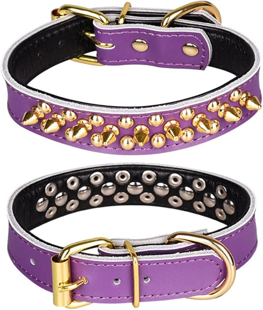 Adjustable Genuine Leather Spiked Studded Dog Collars for Small Medium Large Pets Like Pit Bull Bulldog Pugs Husky (L, Purple2)