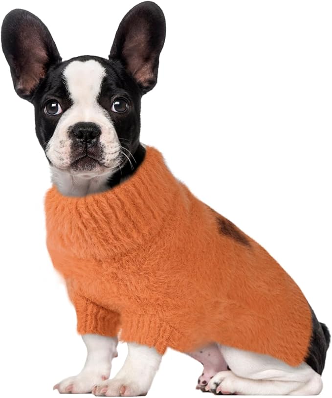 Small Dog Furry Pullover Sweater, Classic Turtleneck Dog Clothes for Cold Weather Cute Warm Pet Clothes for Chihuahua, Bulldog, Dachshund, Pug Orange Large