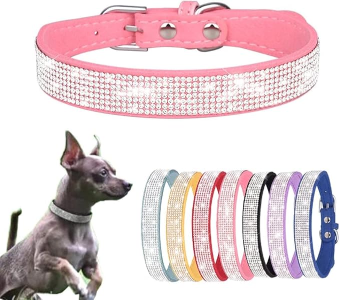Serijoars Small Dog Collar with Rhinestone Crystal Diamond Colorful Bling Girl Puppy Cat Collars (L, Pink)