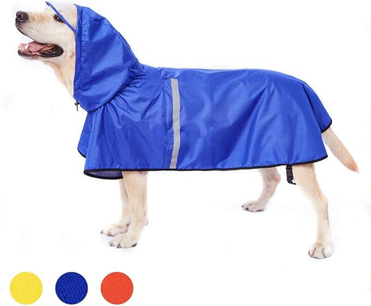 Dog Rain Jacket Raincoat with Adjustable Belly Strap and Leash Hole - Hoodie with Reflective Strip - Waterproof Slicker Lightweight Breathable for Medium Large Dogs - Easy to Wear, Blue 6XL