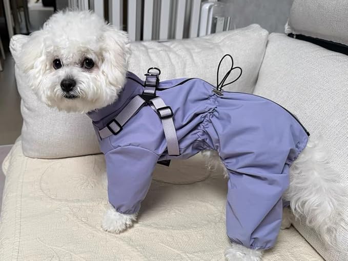 Mile High Life Waterproof Dog Raincoat, Full Coverage Small Dog Rain Coat with Harness, Adjustable 4 Legs Puppy Rain Jacket with Reflective Strip and Elastic Cuffs (Purple, L Back Length 16.1")