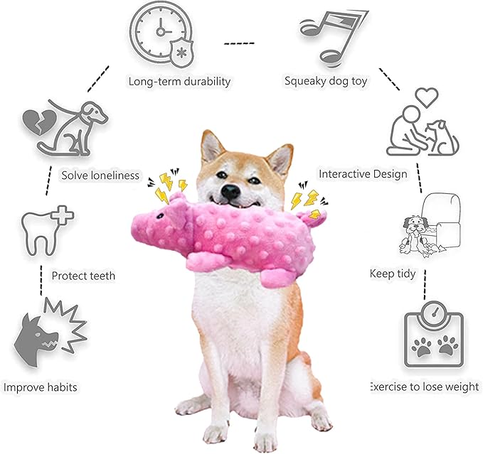Squeaky Dog Toys Plush Dog Toy with Crinkle Paper Stuffed Durable Dog Chew Toys for Small Middle and Large Dogs Pig Pink