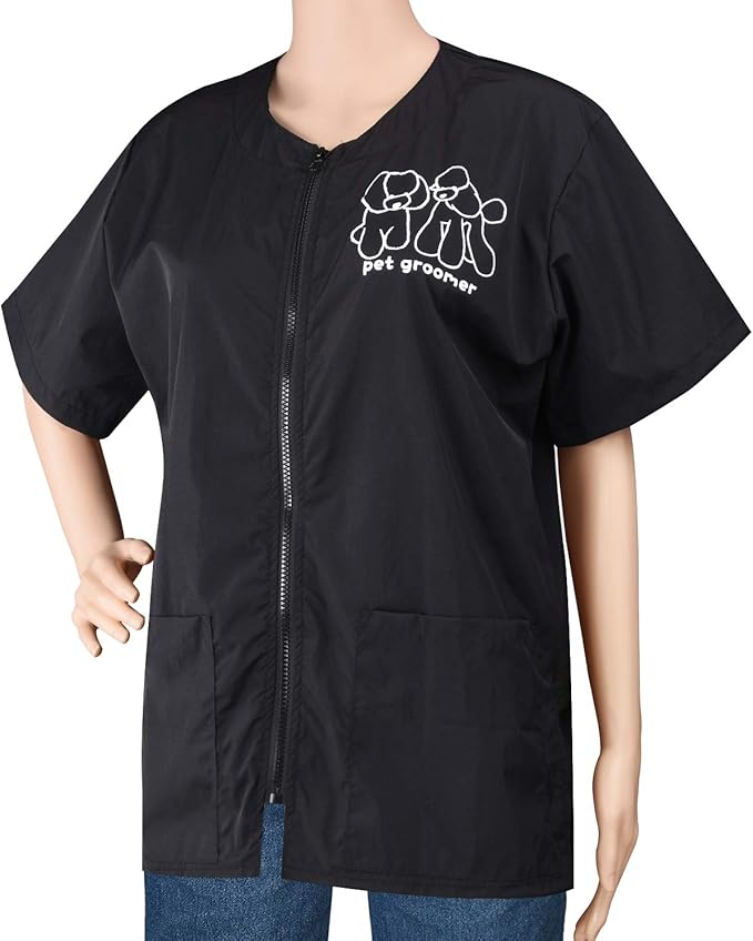 Noverlife Short Sleeves Pet Grooming Work Clothes with Full Zipper, XL Size, Splash Proof Anti-Static Pets Beautician Smock, Dog Cat Groomer Cosmetologist Uniforms for Pet Shop Men Women
