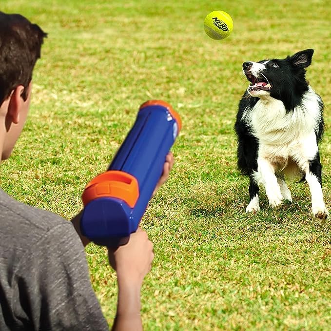 Nerf Dog Tennis Ball Blaster Dog Toy Gift Set, Tennis Ball Dog Fetch Toy Launches up to 50 ft, Dog Ball Thrower for All Breeds Includes Translucent Blue Tennis Ball Launcher and 3 Dog Tennis Balls