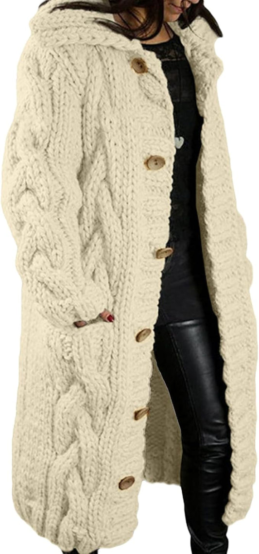 LOAIHA Women Chunky Cable Knit Long Sleeve Cardigan Fall Winter Trendy Oversized Button Down Sweaters Outerwear with Pocket
