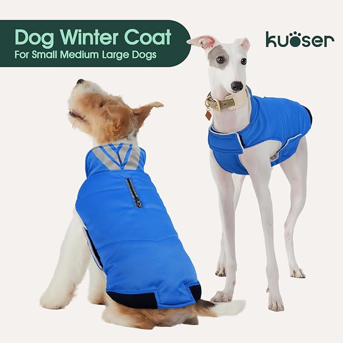 Kuoser Dog Coat Large, Cold Weather Reflective Waterproof Dogs Jacket with Warm Fleece Lining, Turtleneck Dog Winter Coat with Zipper, Doggy Snow Jacket Pet Coats for Small Medium Large Dogs, Blue 2XL