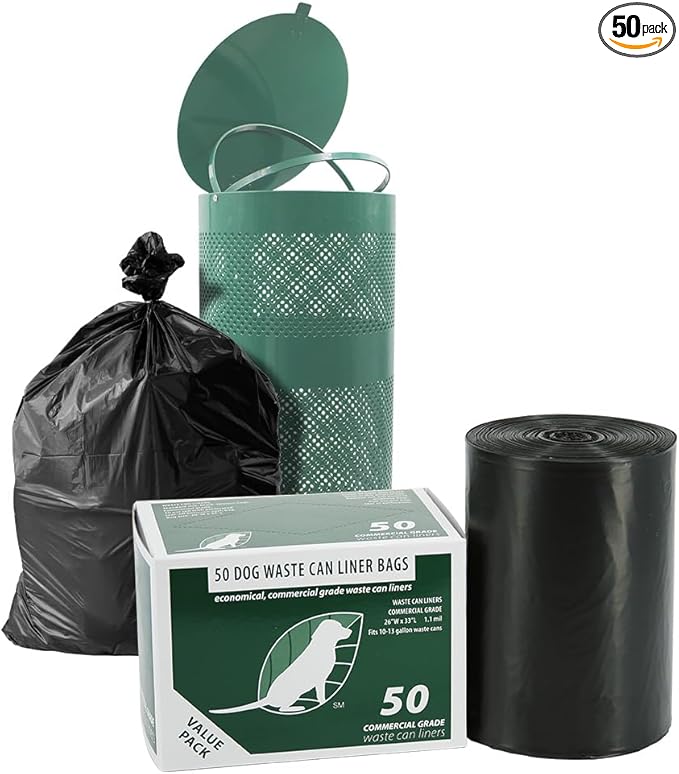 Zero Waste USA - Commercial Grade Dog Waste Station Can Liners -1 Roll of 50 bags - Standard Size 26" W x 33" L (10-13 gallons) - Heavy Duty, Thicker than competitors' bags (1.1 mil)
