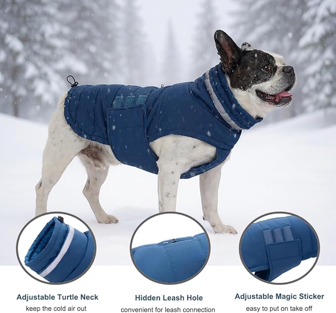 Dog Coat, Waterproof Winter Jacket, Warm Windproof Vest, Reflective Adjustable Turtleneck Coats for Medium and Large Dogs with Hook & Loop - Blue - L
