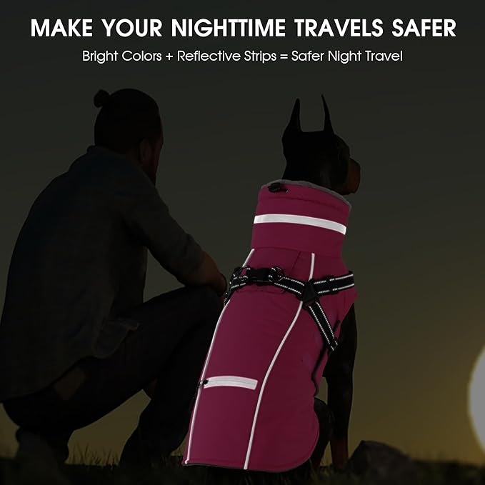 PETDSH Dog Coat Small, Built-in Harness Dog Jacket with Warm Fleece Lining, Waterproof Reflective Dogs Winter Coat, Pet Coats with Pocket and Trash Bags (Pink, Small)