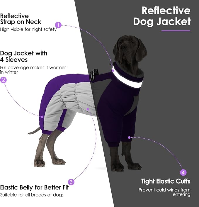SUNFURA Full Body Dog Coat - Warm Fleece Jacket for Large Dogs, Turtleneck Winter Coats with Harness, Reflective Dog Snowsuit Windproof Puffer Jackets with Legs for French Bulldog, Purple L