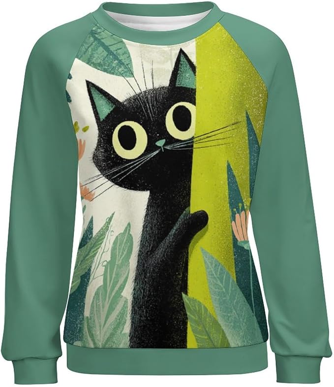 Abstract Cute Cat Shirts for Women Long Sleeve Lady Crewneck Pullover Sweatshirt Fall Winter Oversized Tops