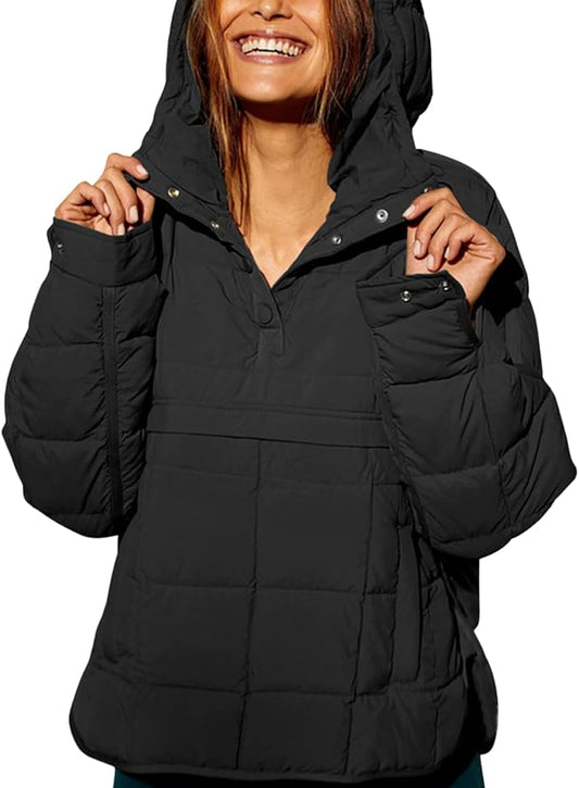 Womens Oversized Hooded Puffer Jacket Fall Winter Warm Quilted LightWeight Jacket Casual Fashion Solid Color Coat