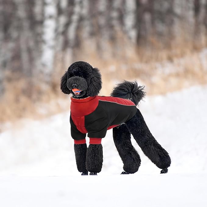 IDOMIK Reversible Dog Winter Coat, Thick Warm Dog Coat with Leopard Fleece Lining&Zipper, Adjustable High Collar Waterproof Jacket, Reflective Pet Cold Weather Coats for Large Dogs,Red,2XL