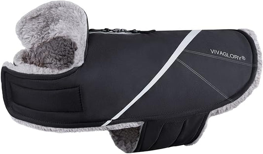 VIVAGLORY Snowrap Dog Coat, Jacket with Harness Hole & Velcro Closure, Dog Coat for Winter & Cold Weather, Fluffy Warm Fleece Lined Reflective Water Resistant for Puppy, S, Black